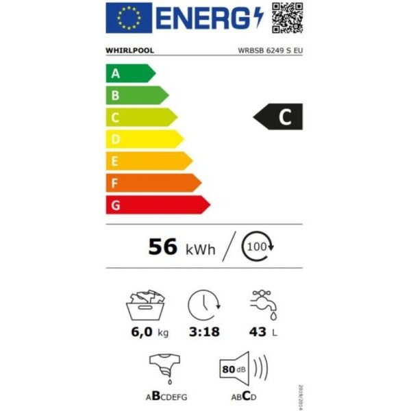 Whirlpool WRBSS 6249 S EU Elöltöltős mosógép C Energiaosztály, 6 kg, Keskeny mélység, 1200 fordulat/perc